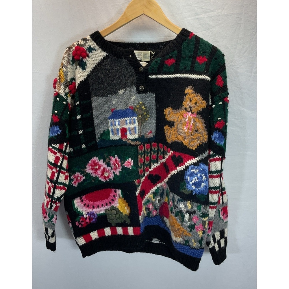 VTG The Eagles Eye Sweater‎ M Hand Knit Bear Watermelon Granny core teacher 3D